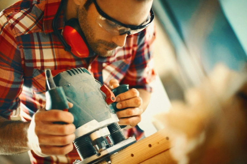 Person mit Gehörschutz an Fräsmaschine – sicheres Arbeiten mit Maschinen